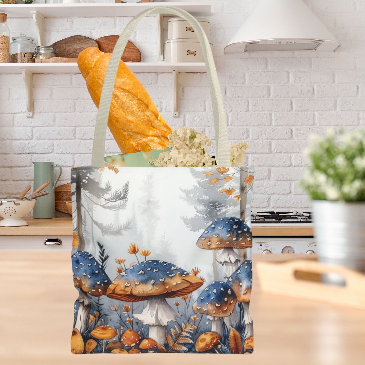 Blue and Gold Mushroom Tote Bag