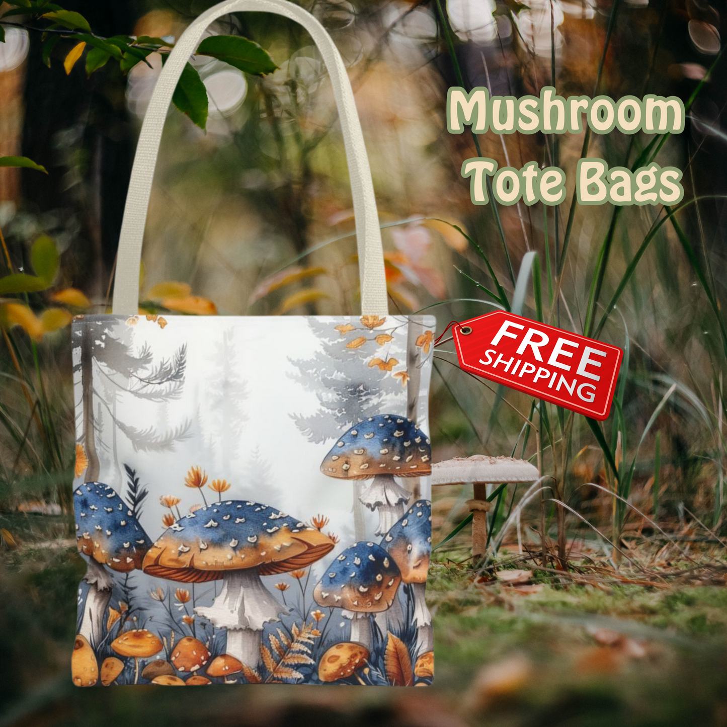 Blue and Gold Mushroom Tote Bag